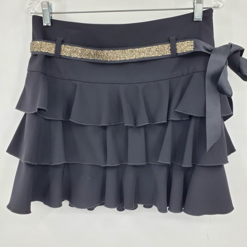 Express Design Studio Black Tiered Ruffle Mini Skirt‎ Sequin Belt Womens 4 Y2K